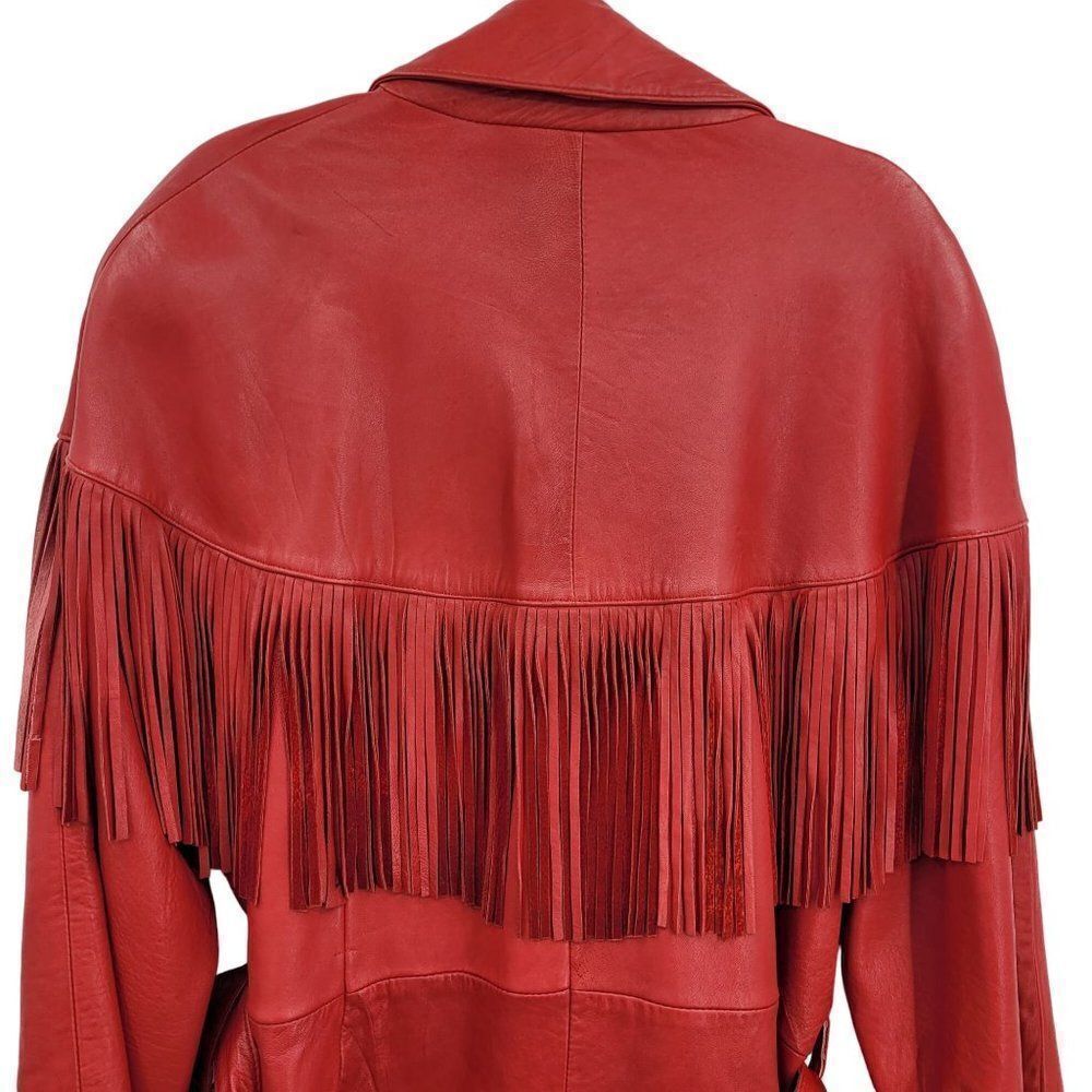 Vintage Leather Fringed Jacket Coat L Red Oversized Belted Rodeo Cowgirl Boho - Picture 15 of 16